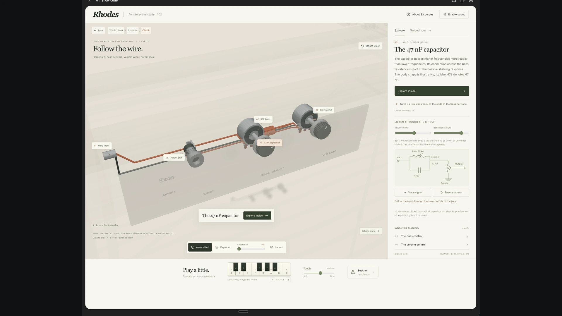 An interactive Rhodes circuit study with controls and a playable keyboard.