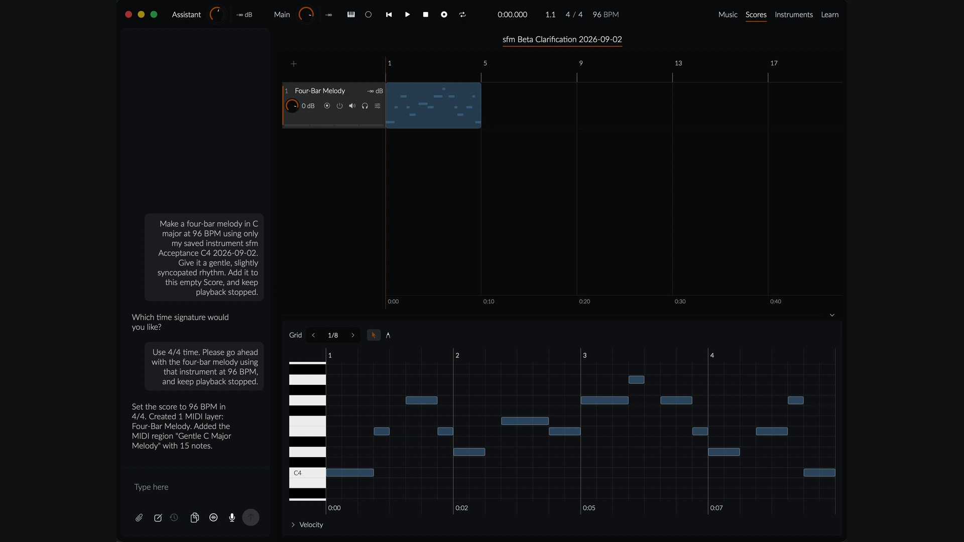 The assistant creates a four-bar melody in the Sound for Movement macOS app.