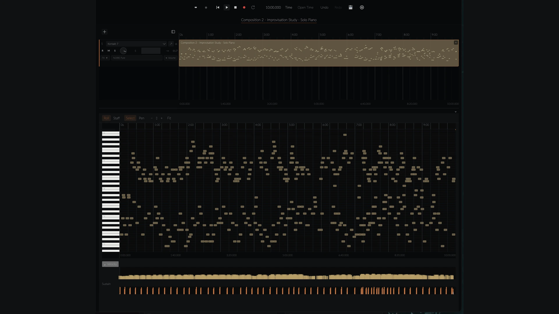 A solo piano improvisation in codex-daw, with notes, velocities, and sustain.