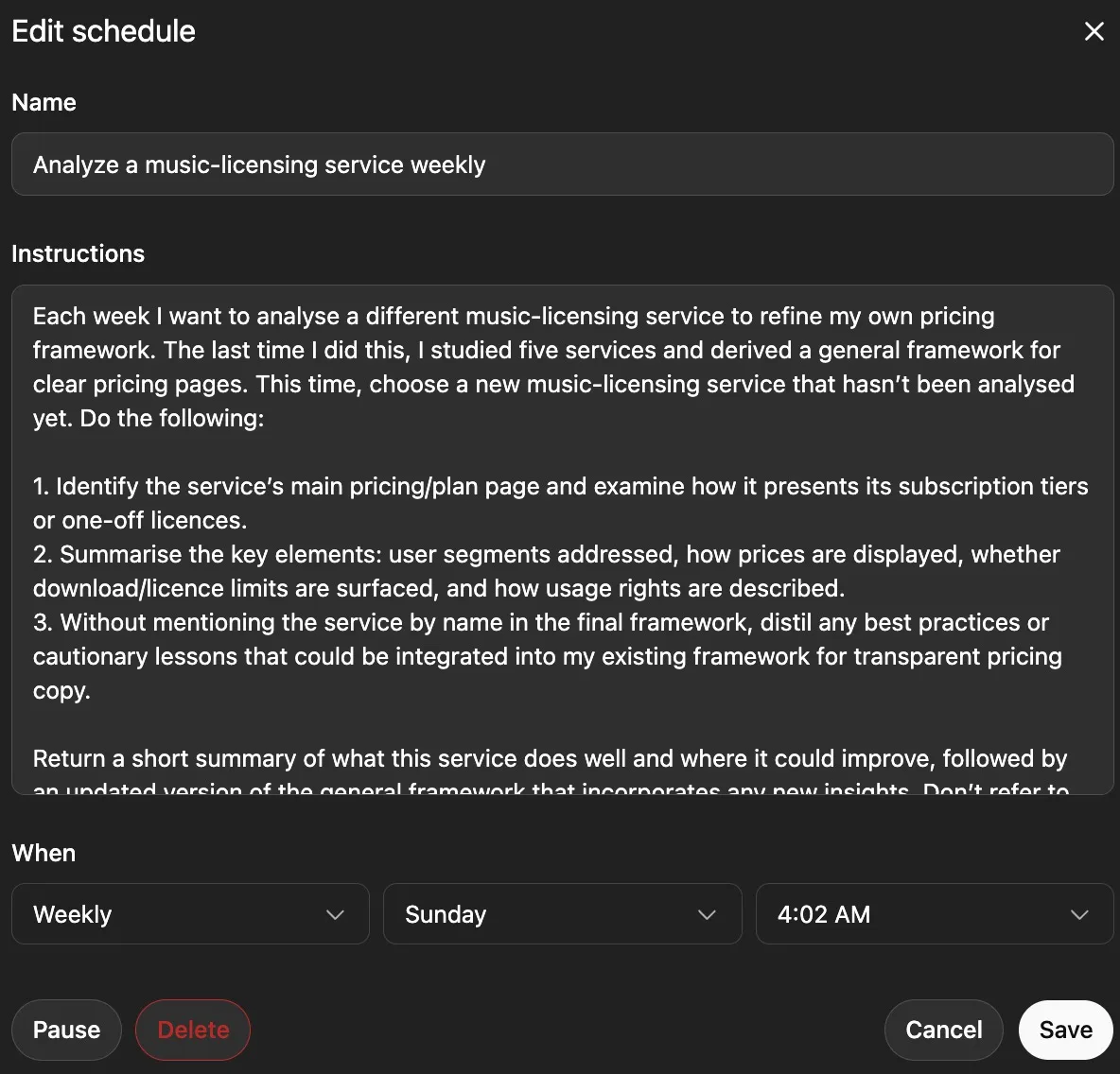 Schedules workspace detail