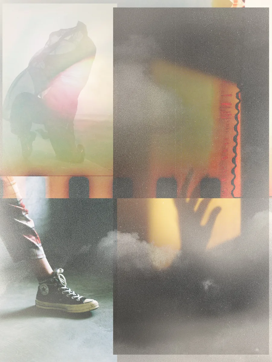 Layered photographs of fabric, a sneaker, colored light, and a coiled cable